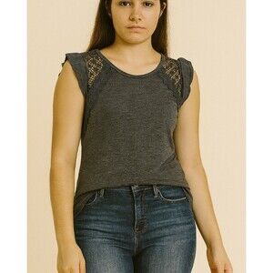 NWT Moral Fiber top shirt charcoal gray lace accents cap sleeve blouse SZ M